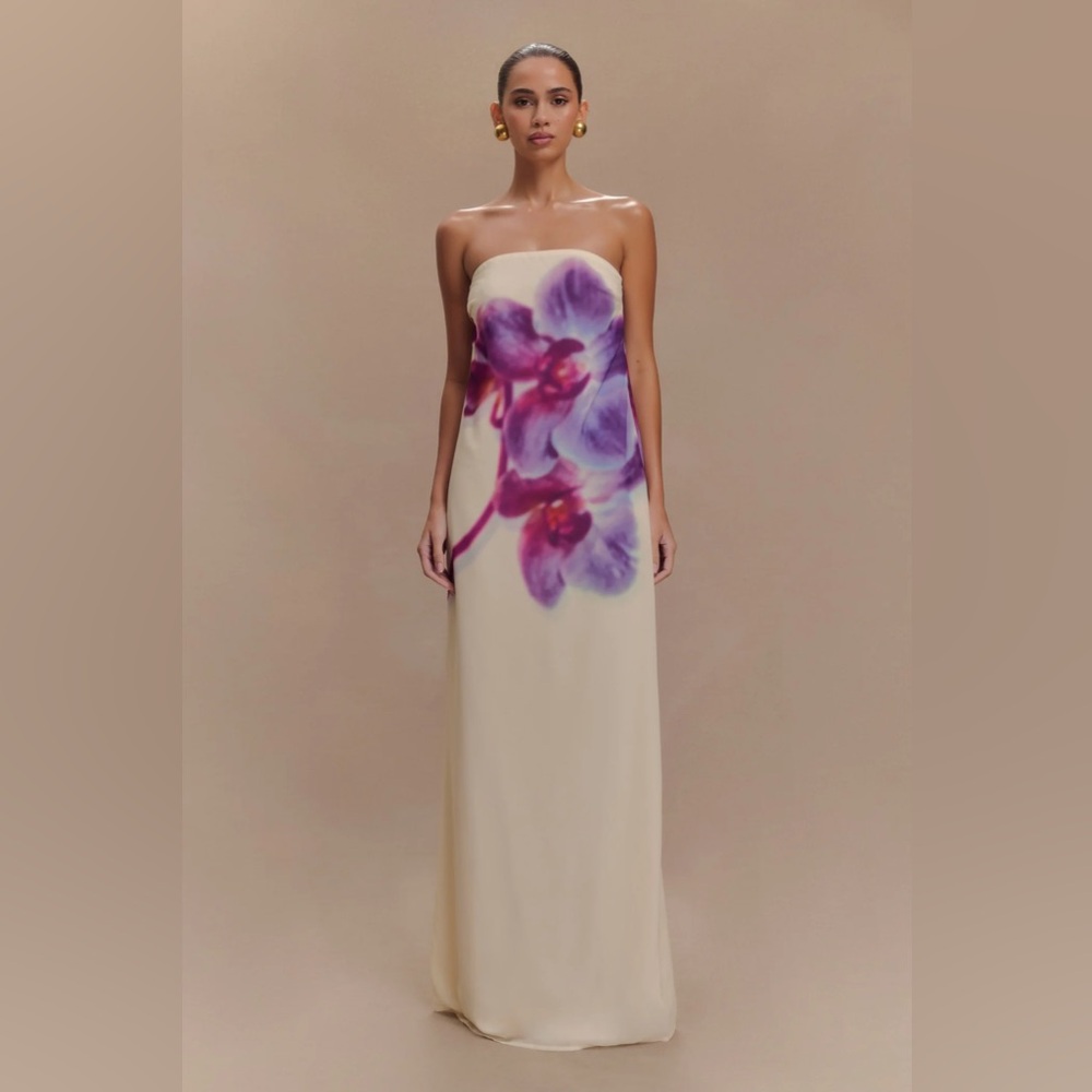 Meshki ivory Koi maxi dress *Elegant Cream and Purple Strapless Dress*